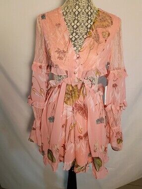 Velvet Pink Floral Ruffle Dress with Lace Insets
